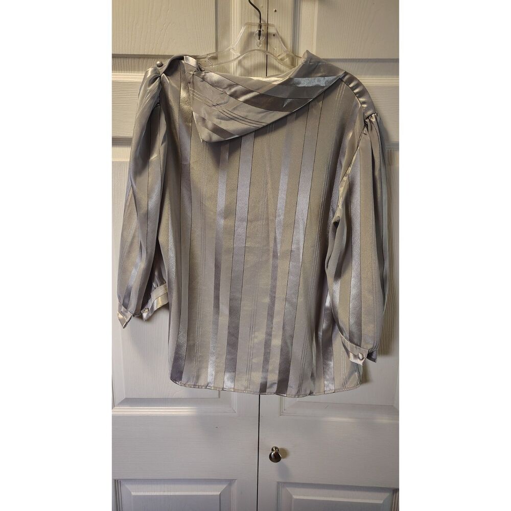 Vtg 166 Metallic Silver Satin Striped Blouse Size Large L Asymmetric Cowl Neck